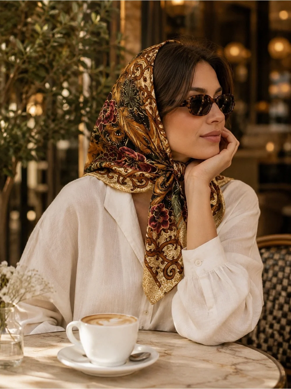 100% Silk Vintage Floral Patterned Headscarf in Gold and Brown